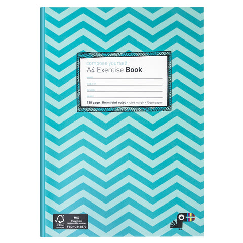 EXERCISE BOOK, A4 8MM RULED - AQUA CHEVRON