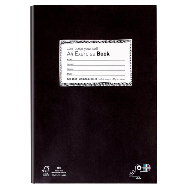 EXERCISE BOOK, A4 8MM RULED - BLACK