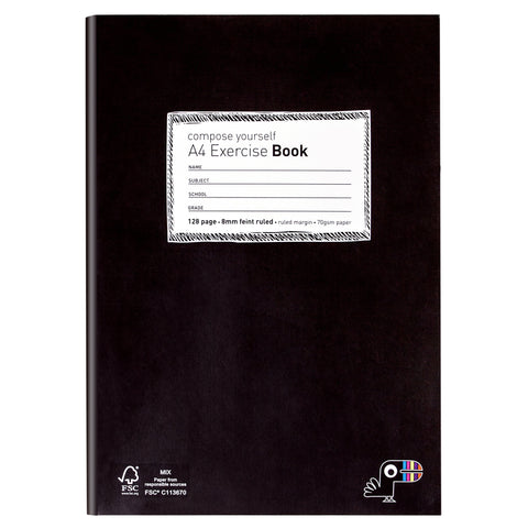 EXERCISE BOOK, A4 8MM RULED - BLACK